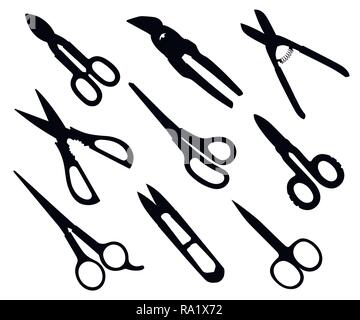 Schwarze Silhouette. Sammlung verschiedener Schere Modelle. Handschneider Werkzeuge, Geräte Schere für Friseur, Gartenarbeit, medical. Flache Vektor illust Stock Vektor