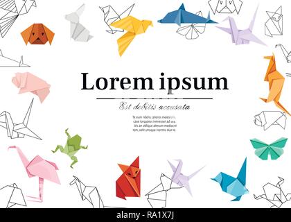 Origami japanische Tier eingestellt. Moderne Hobby. Flache Vector Illustration auf weißem Hintergrund. Bunte Papier Tiere, niedrige polygonalen Design. Für Text platzieren. Stock Vektor