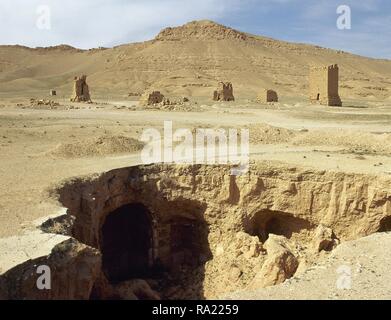 Syrien. Palmyra. Das Tal der Gräber. Grabkunst Türmen. Oase Tadmor. Ca. 1. Jahrhundert. Römische Ära. Foto vor dem syrischen Bürgerkrieg. Stockfoto