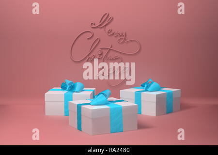 Frohe Weihnachten 2019 Schriftzug in rosa Farbe Wand und drei vorhanden Geschenkboxen mit Bogen neben geschrieben. 3D-Darstellung Stockfoto