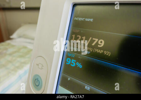 WelchAllyn Blutdruckmessgerät in einem Krankenhaus zeigt einen normalen Blutdruck von 121/79, und ein Blut Sättigung von 95 %. Stockfoto