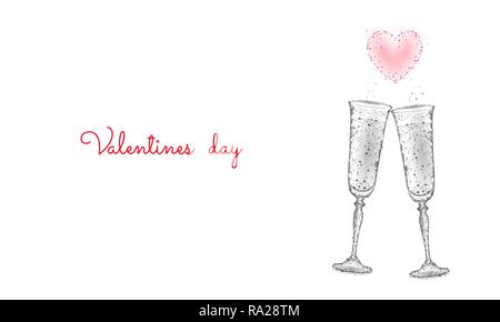 Zwei Gläser Champagner mit funkelt. Low Poly polygonalen Weiß 3D Toasten romantische Liebe. Herzform Angebot dating Chin-chin Paar Valentinstag Vector Illustration Stock Vektor