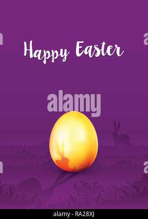 Ostern Grusskarten - Goldene Osterei auf lila Hintergrund mit Kaninchen Silhouette - Frohe Ostern Stock Vektor