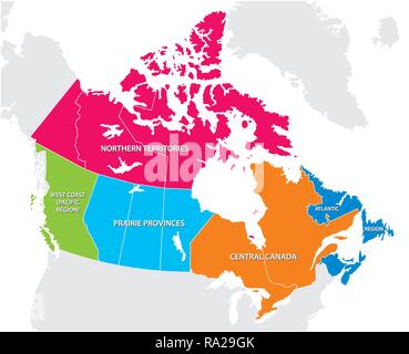 Übersichtskarte der fünf kanadischen Regionen Stock Vektor