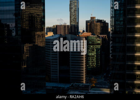 Einen erhöhten Blick auf die Skyline von Toronto Maple Leaf Platz in Toronto, Kanada gesehen. Stockfoto