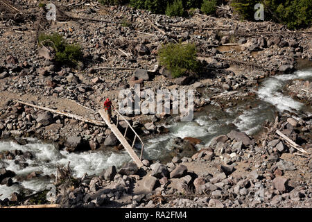 WA 15624-00 ... WASHINGTON - Wanderer Kreuzung Brücke über der inneren Gabel des White River auf der Emmons Moränenweg im Mount Rainier National Park anmelden. Stockfoto