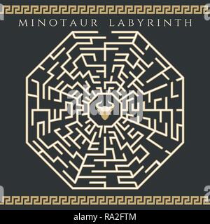 Labyrinth Rätsel. Vektor labyrinth spiel, alte Karte Stichsäge oder Kreis Rebus mit minotaurus Symbol Stock Vektor