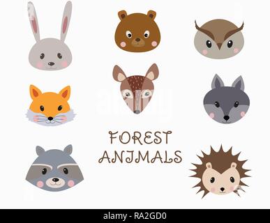 Satz von Wald Tiere Gesichter. Woodland Cartoon Tiere Kaninchen, Waschbär, Fuchs, Bär, Wolf, Igel, Rehe, Eule. Vektor Stock Vektor