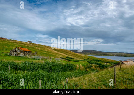 Ein Croft Haus auf einem Hügel mit Blick auf die Nordsee mit propering Kulturen im Vordergrund auf dem Festland der schottischen Shetland-Inseln Stockfoto