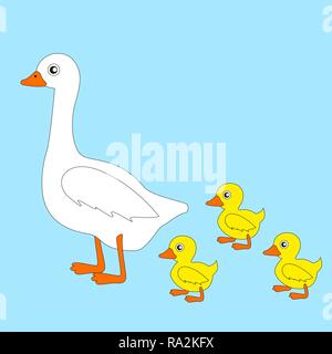 Home weiße Gans und wenig Gänse durch blauen Hintergrund isoliert. Stock Vektor