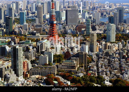 TOKIO, JAPAN - 23. November: Über der Skyline von Tokio mit dem Sockel des Tokyo Tower und zahlreichen Wolkenkratzern im Tokioter Minato ward. Stockfoto