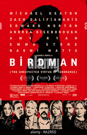 Birdman oder (das Unerwartete aufgrund der Unwissenheit) (2014) unter der Regie von Alejandro G. Iñárritu und Hauptdarsteller Michael Keaton, Zach Galifianakis, Edward Norton und Emma Stone. Ein ehemaliger Film Superhero entscheidet zu schreiben, Direkte und Stern in einer Broadway Produktion, seine verblassenden Karriere zu starten. Stockfoto