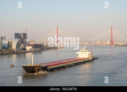 Yangpu Hängebrücke über den Fluss Huangpu in Shanghai. Stockfoto