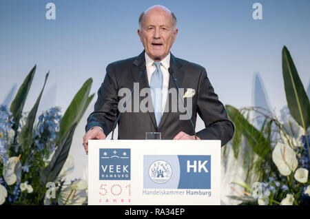 Hamburg, Deutschland. 31 Dez, 2018. Gunter Mengers, Vorsitzende der Versammlung einer ehrbaren Kaufmann (VEEK), spricht bei der Eröffnung der Veranstaltung in der Handelskammer Hamburg. Quelle: Axel Heimken/dpa/Alamy leben Nachrichten Stockfoto