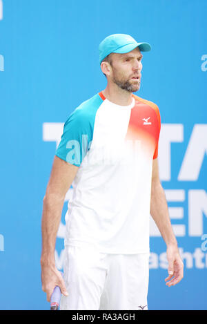 Pune, Indien. 1. Januar 2019. Ivo Karlovic von Kroatien in Aktion in der ersten Runde der Konkurrenz singles bei Tata Open Maharashtra ATP Tennis Turnier in Pune, Indien. Credit: karunesh Johri/Alamy leben Nachrichten Stockfoto