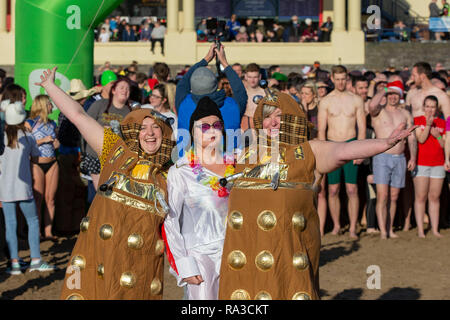 Barry, Wales, UK, 1. Januar 2019. Zwei Daleks und ein Elvis am Tag Dip ist das Neue Jahr bei Barry Island in das Tal von Glamorgan. Credit: Mark Hawkins/Alamy leben Nachrichten Stockfoto