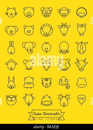 Sammlung von Niedlichen Tier Gesichter mit weißen Augäpfel vektor Zeile für Symbole. Haustier, Vieh und wilden Kreaturen Symbole. Stock Vektor