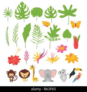 Dschungel Blätter, Blumen und Tiere Kindergarten eingestellt. Vektor einfache Symbole. Stock Vektor