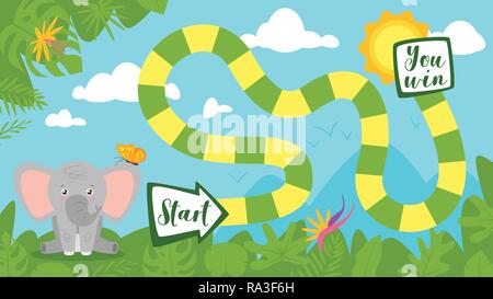 Vektor Cartoon Stil Abbildung: Kinder tropic Dschungel Board Game mit niedlichen Tiere - Elefanten auf Regenwald im Hintergrund. Vorlage für Drucken. Stock Vektor