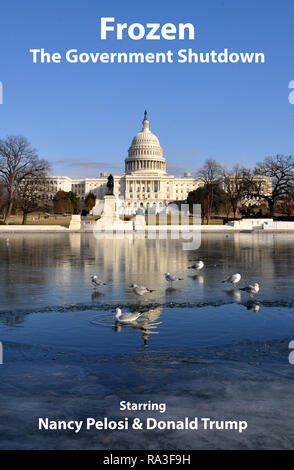 Gefrorene Government Shutdown politische Satire starring Nancy Pelosi und Donald Trump mit US Capitol Reflecting Pool Washington DC, Winter, Januar 2018 Stockfoto