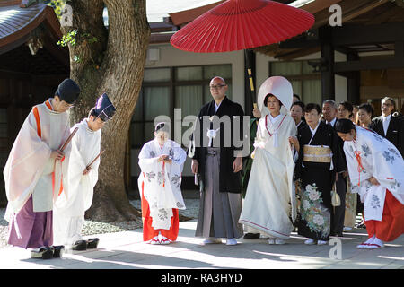 Shinto Hochzeit Prozession mit Braut das Tragen der traditionellen watabōshi Weiße Haube mit Bräutigam in der Meiji Jingu Shinto Schrein Stockfoto