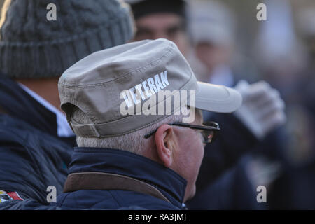 Bukarest, Rumänien - Dezember 1, 2018: Details mit ein älterer Mann mit dem Hut mit dem Text "Veteran" auf, an der rumänischen nationalen Tag militärische Pa Stockfoto