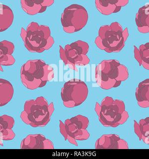 Grafische Darstellung florales Muster mit rosa Rosen Blumen auf blauem Hintergrund Stockfoto