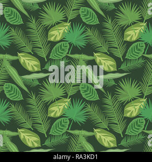 Helle grafische Darstellung der grünen tropischen Calathea Gebet Marantaceae Anlage und Palmblättern nahtlose Muster auf dunklem Hintergrund Stockfoto
