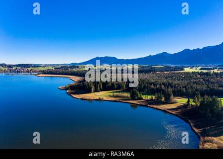 Der Hopfensee im Herbst vor Bergen, hinter Hopfensee am See, Region Füssen, Ostallgäu, Bayern, Deutschland Stockfoto