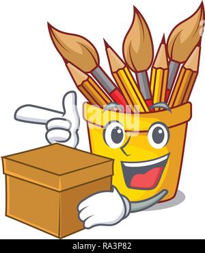 Mit box Charakter Topf Bleistift über Holz Tisch Stock Vektor