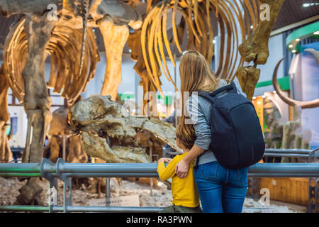 Peking, China, 16. Oktober 2018: Mutter und Sohn aufpassen Dinosaurier Skelett im Museum Stockfoto