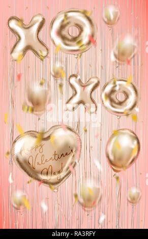 Rosa gold XOXO Schriftzug und Herzform Ballons auf dem metallischen fringe Vorhänge schimmern Vorhang. Design für Valentines Tag Postkarte, Coral backgroun Stock Vektor