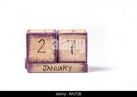 Wooden Block Ewiger Kalender Übersicht Januar 27. Stockfoto