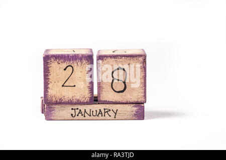 Wooden Block Ewiger Kalender Übersicht Januar 28. Stockfoto