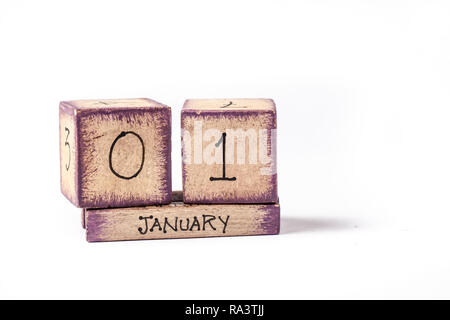 Wooden Block Ewiger Kalender angezeigt. Januar 1. Stockfoto