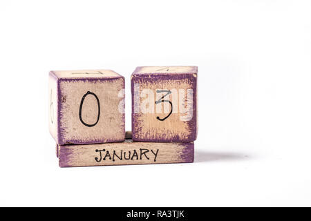Wooden Block Ewiger Kalender angezeigt. Januar 3. Stockfoto