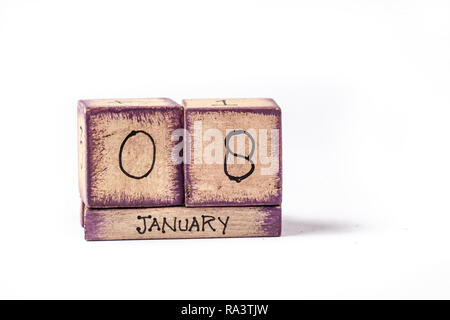 Wooden Block Ewiger Kalender angezeigt. Januar 8. Stockfoto