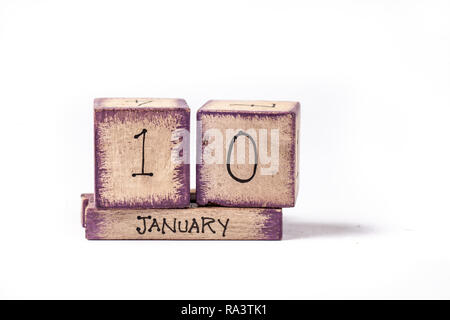 Wooden Block Ewiger Kalender Übersicht Januar 10. Stockfoto