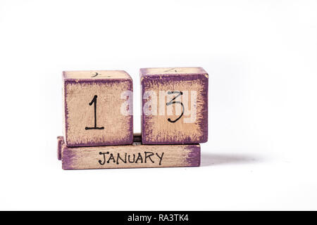 Wooden Block Ewiger Kalender Übersicht Januar 13. Stockfoto