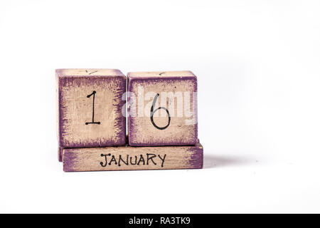 Wooden Block Ewiger Kalender Übersicht Januar 16. Stockfoto