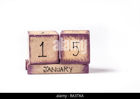 Wooden Block Ewiger Kalender Übersicht Januar 15. Stockfoto