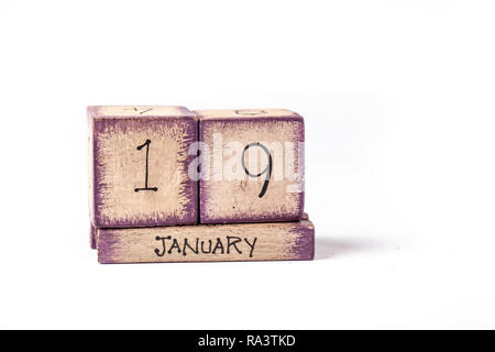 Wooden Block Ewiger Kalender Übersicht Januar 19. Stockfoto