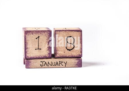Wooden Block Ewiger Kalender Übersicht Januar 18. Stockfoto