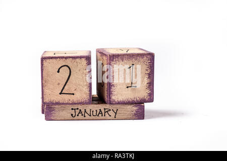 Wooden Block Ewiger Kalender Übersicht Januar 21. Stockfoto