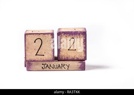 Wooden Block Ewiger Kalender Übersicht Januar 22. Stockfoto