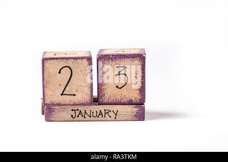 Wooden Block Ewiger Kalender Übersicht Januar 23. Stockfoto