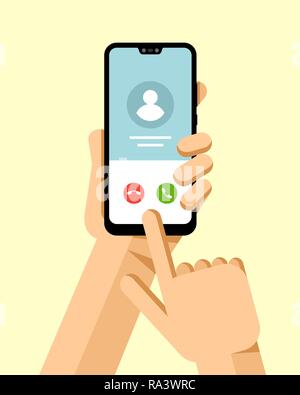 Hand hält das Smartphone und calles zu kontaktieren. Flache Vektor moderne Telefon Mock-up Abbildung: Stock Vektor