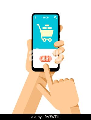 Hand hält das Smartphone. Anwendung mit online Warenkorb. Flache Vektor moderne Telefon Mock-up Abbildung: Stock Vektor