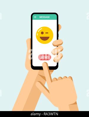 Hand hält das Smartphone mit lustigen lächeln Symbol auf dem Bildschirm. Flache Vektor moderne Telefon Mock-up Abbildung: Stock Vektor