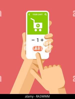 Hand hält das Smartphone mit online Warenkorb. Flache Vektor moderne Telefon Mock-up Abbildung: Stock Vektor